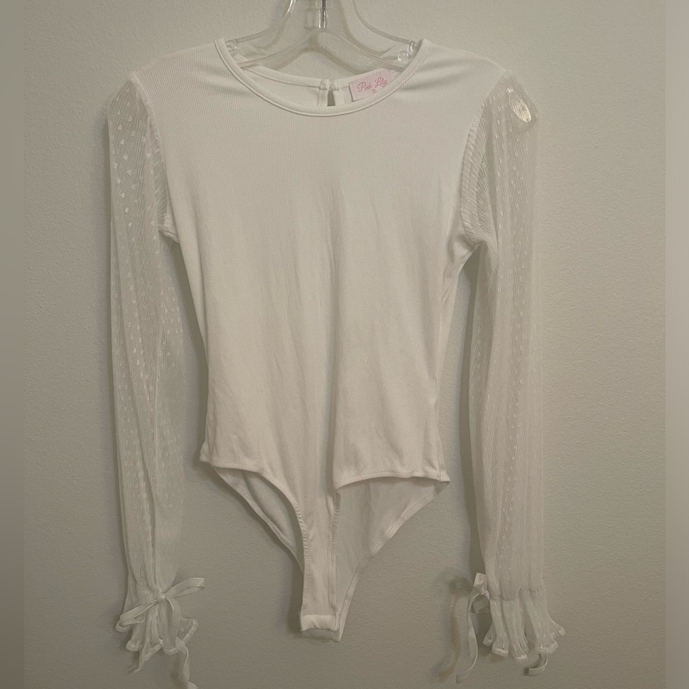 White Bodysuit With Mesh Sleeves | Pink Lily